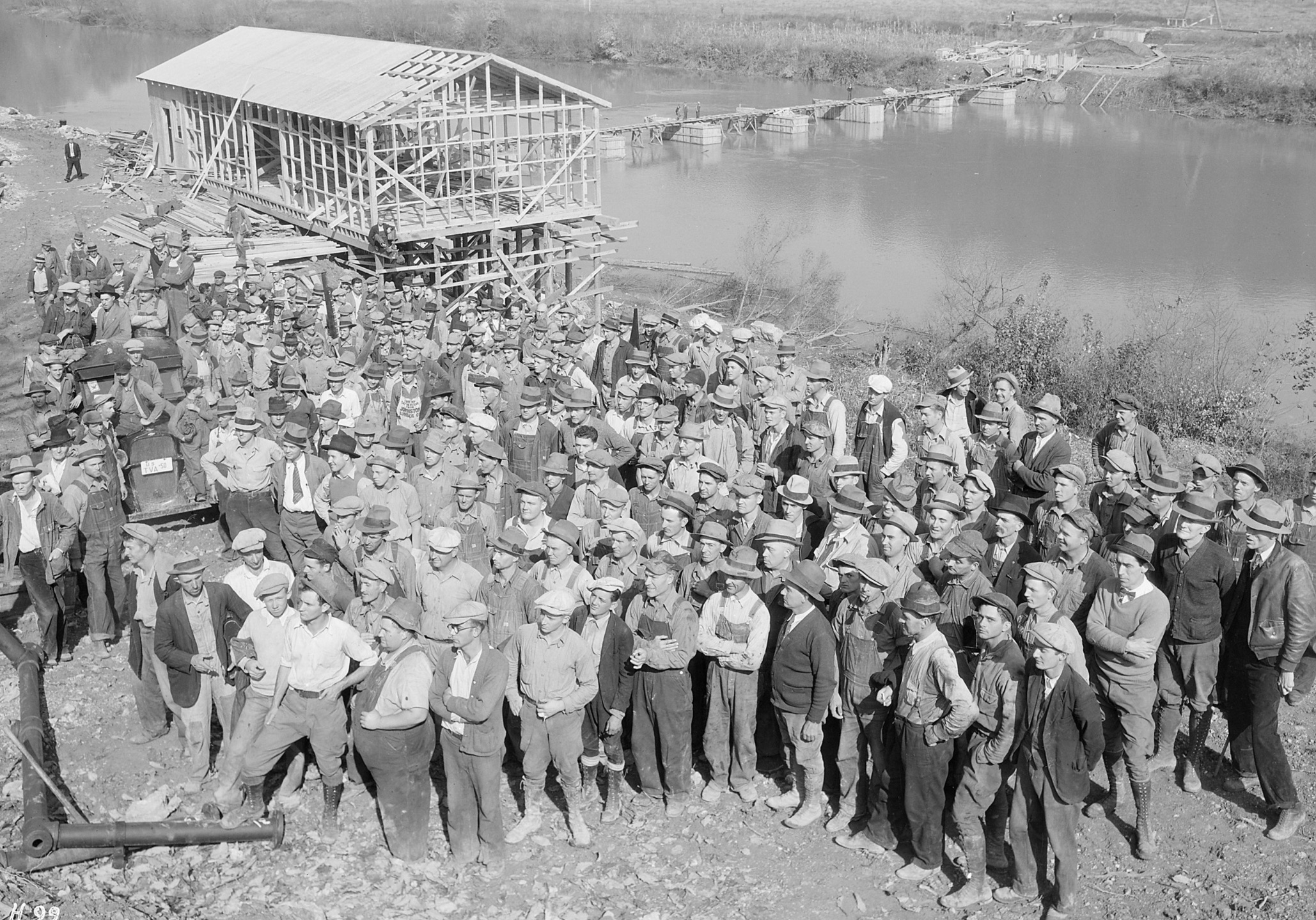 Workers at the site of Norris Dam, the first hydroelectric dam built by the TVA 